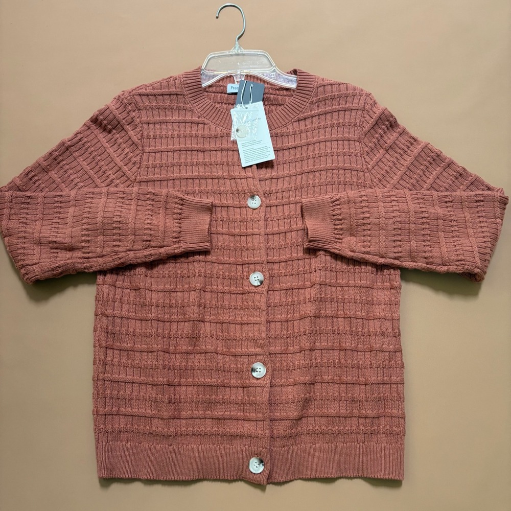 PrettyGarden Womens Terracotta Rust 100% Cotton Textured Knit Cardigan Small NEW